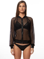 Bella Paradise luxury mesh bomber jacket in black worn by a female model with black underwear
