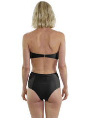 Back view of woman wearing black sheer bandeau bikini top and high-waisted bottom by Bella Paradise