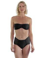 Bella Paradise black sheer bandeau bikini top with matching high waist bottoms on model