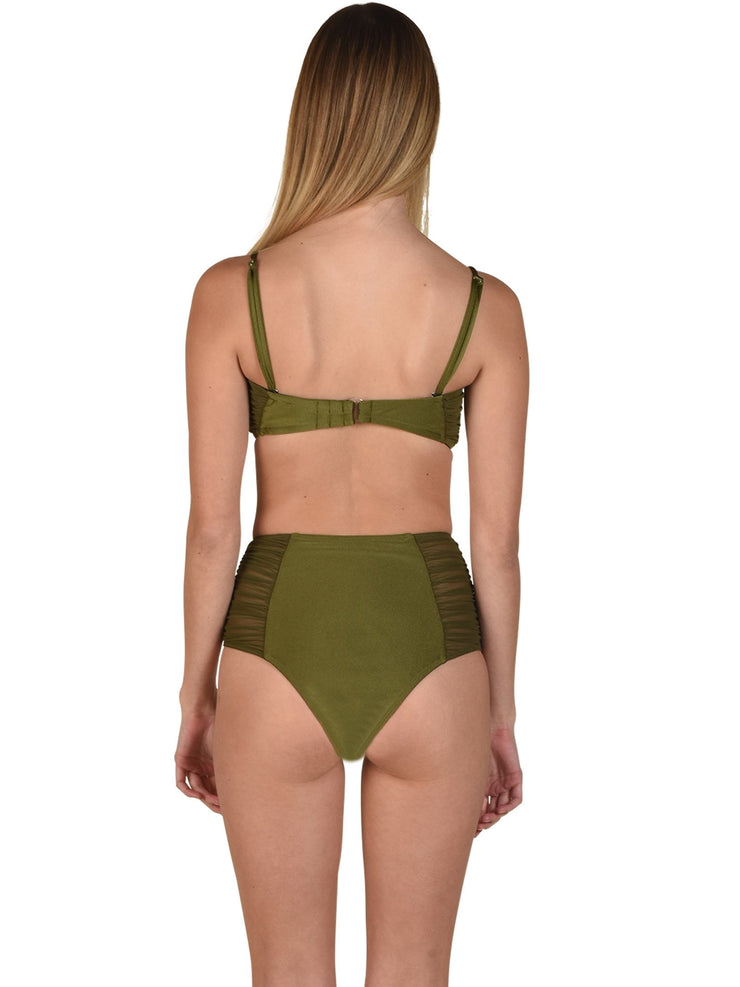 Back view of model wearing olive green sheer bandeau bikini top and high-waisted bikini bottom