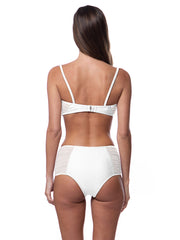 Bella Paradise white sheer bandeau bikini top and high-waisted bottom back view on model
