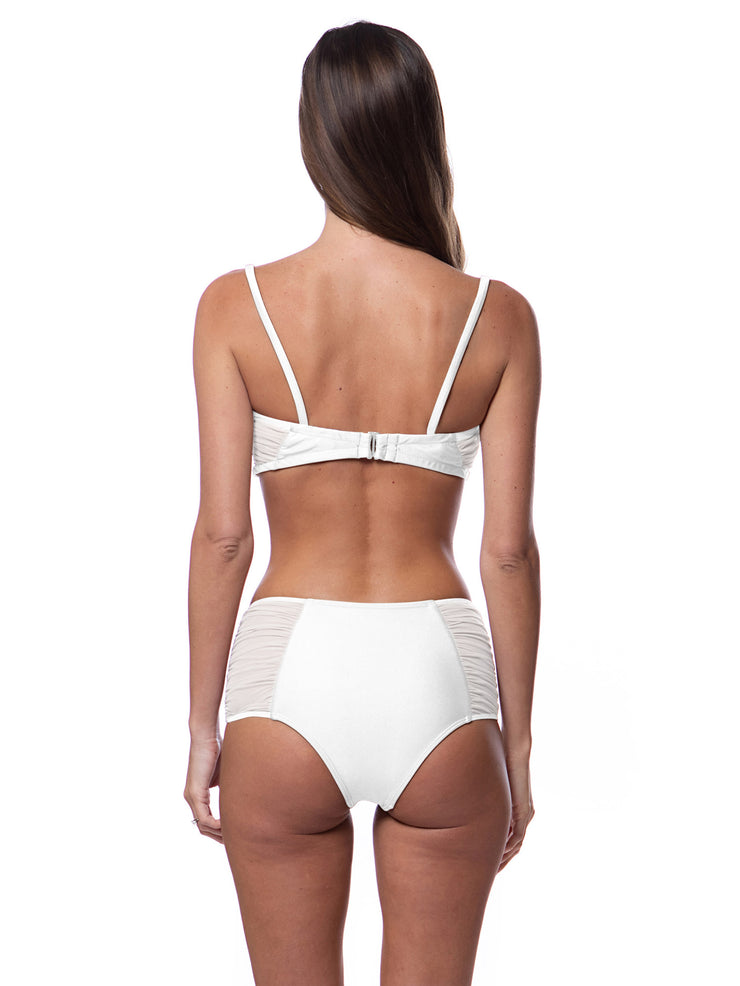 Bella Paradise white sheer bandeau bikini top and high-waisted bottom back view on model