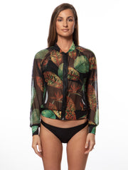 Bella Paradise tropical print mesh bomber jacket with colorful leaf pattern and black zipper front