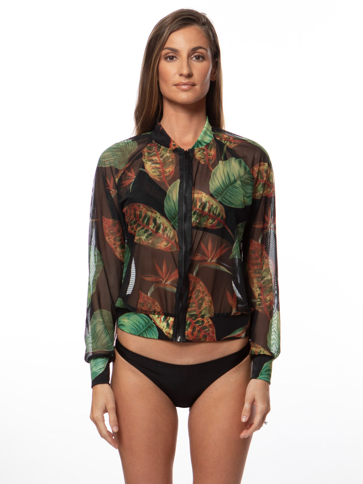 Bella Paradise tropical print mesh bomber jacket with colorful leaf pattern and black zipper front
