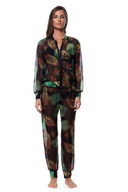 Bella Paradise tropical print mesh bomber jacket and matching pants set in green and brown leaf design