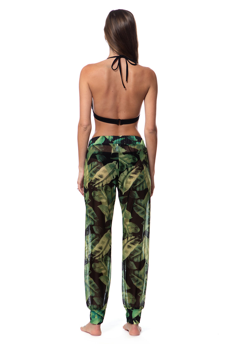 Bella Paradise versatile mesh cover up pants in green leaf print worn by model from back view
