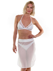 Model wearing Bella Paradise white sheer beach cover up skirt with matching white bikini top