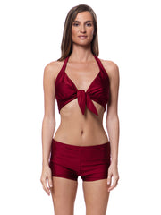 Bella Paradise retro halter bikini top in deep cardinal red with tie front and matching shorts