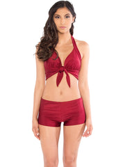 Bella Paradise color print size retro halter bikini top in deep cardinal red with tie front and matching shorts