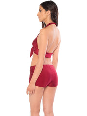Bella Paradise retro halter bikini top in deep red worn by woman showing back and side view