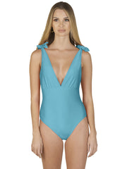Bella Paradise women's tie shoulder swimwear in solid blue color with deep V neckline