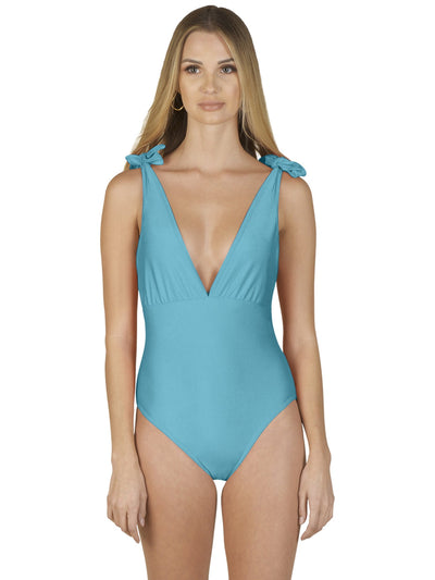 Bella Paradise women's tie shoulder swimwear in solid blue color with deep V neckline
