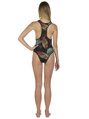 Back view of women's tropical print one piece bathing suit with green and orange leaf design