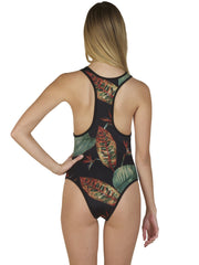 Back view of women's tropical print one piece bathing suit by Bella Paradise with green and red leaf design