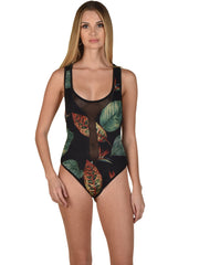 Bella Paradise women's tropical print one piece bathing suit with mesh detail and leaf design