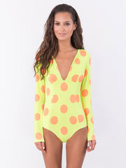 Bella Paradise yellow polka dot one piece bathing suit in color print size with long sleeves and deep neckline